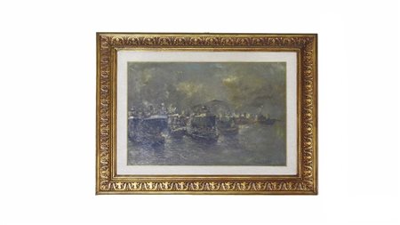 SCORCIO DI PORTO CON BARCHE olio su tela, firmato, in cornice cm 50x69,5 PORT...
