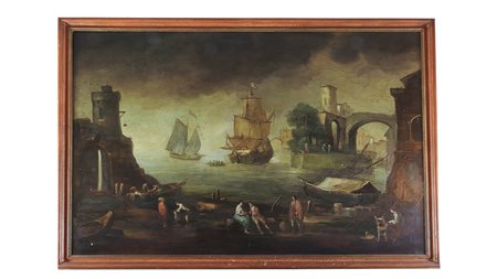 SCUOLA FRANCESE DEL XX SECOLO Scorcio di porto con personaggi olio su tela,...