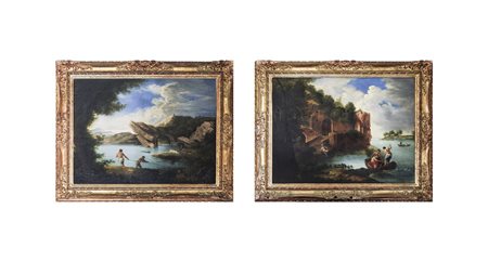 SCUOLA OLANDESE DEL XIX SECOLO Paesaggi fluviali con pescatori coppia di...