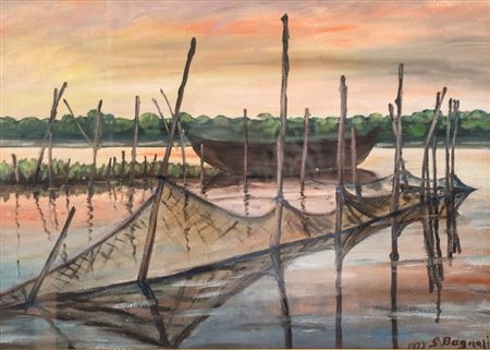 GINO BAGNARI (Ravenna 1907) OLIO su masonite "reti nella valle". Misure: cm...