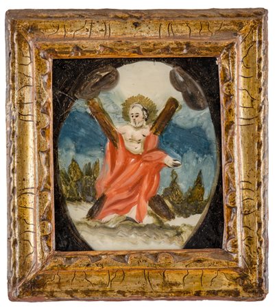 PITTURA su vetro raffigurante "Sant'Andrea Apostolo" entro cornice coeva in...