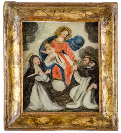 PITTURA su vetro "Vergine del rosario con San Domenico e Santa Caterina"...