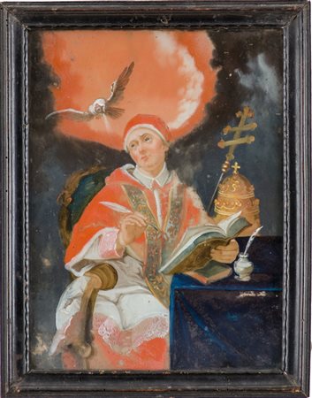 PITTURA su vetro "San Bonifacio Papa". Italia XVIII secolo Misure: cm 19,5 x...