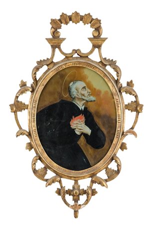 PITTURA su vetro ovale raffigurante "San Filippo Neri" entro cornice coeva in...