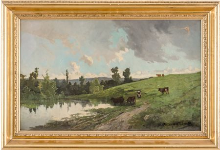 OLIO su tela "paesaggio con armenti" firmato in basso a destra (difetti nella...