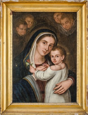 SALVATORE SACCO OLIO su tela "Madonna con Bambino e Cherubini" firmato in...