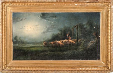G. FEREI OLIO su tela "paesaggio con pastore e gregge" firmato in basso a...