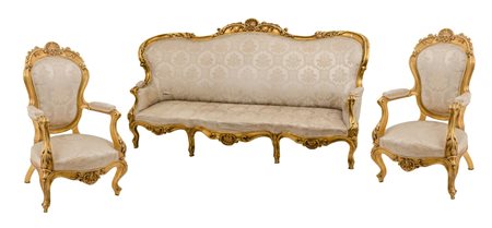 SALOTTO Luigi Filippo composto da DIVANO e da due POLTRONE in legno dorato,...