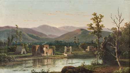 OLIO su tela "caseggiato in riva al fiume". Italia XX secolo Misure: cm 67 x 38