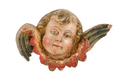 SCULTURA in legno policromo raffigurante "testa di putto alato". Italia XVIII...