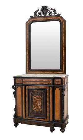 ETAGERE con specchiera in ebano e radica di tuja con tarsie in bosso, perfili...