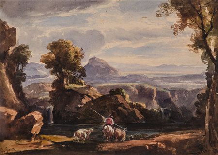 GIACINTO GIGANTE (Napoli 1806 - 1876) ACQUARELLO su carta "paesaggio con...