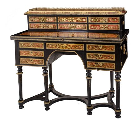 IMPORTANTE SCRITTOIO Boulle in legno ebanizzato con tarsie in tartarughe e...
