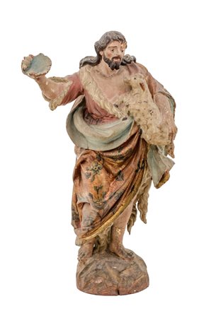 SCULTURA in legno laccato raffigurante "San Giovanni Battista". Sicilia XVII...