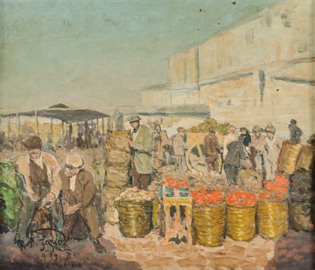 ROSARIO DI FAZIO (Palermo 1892 - 1958) OLIO su tavoletta "Palermo - mercato...