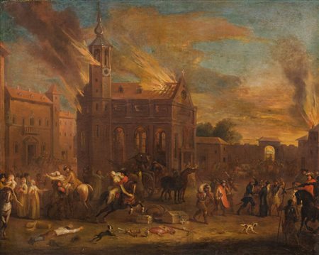 DANIEL VAN HEIL (1604 - 1664) OLIO su tela "convento in fiamme" entro cornice...