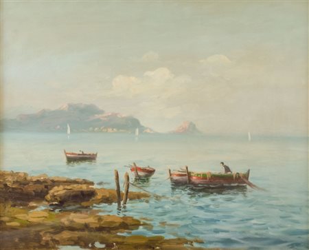 OLIO su tela "marina con barche e pescatore". XX secolo Misure: cm 50 x 40