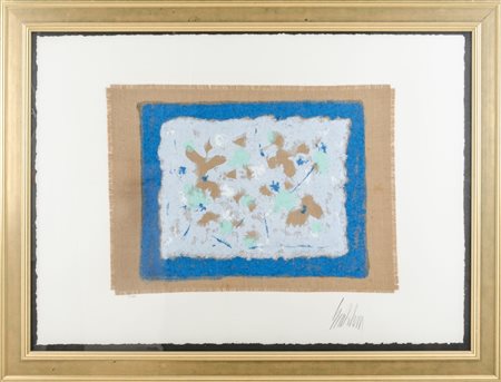 SERIGRAFIA su tela grezza applicata su cartoncino "figura astratta",...