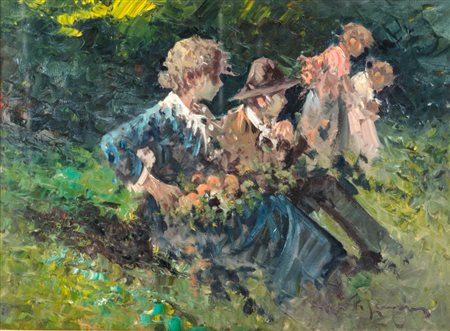 ANTONIO PECORARO (1938) OLIO su tela "ragazzini nel bosco". Misure: cm 80 x 60