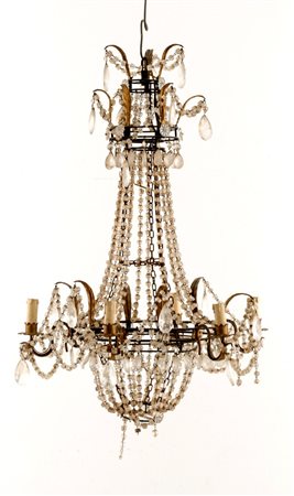 LAMPADARIO a ninfa a sei luci in ferro con brindoli. Toscana meta' '900...