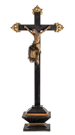 CROCIFISSO da tavolo in legno laccato con croce in legno ebanizzato e puntali...