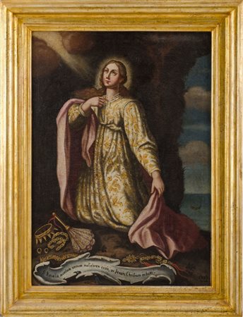 OLIO su tela "Santa Rosalia in estasi" entro cornice in legno dorato. Sicilia...