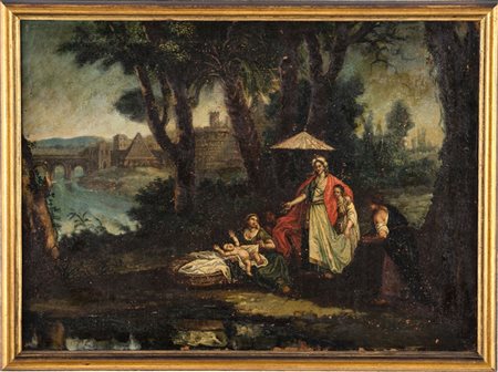 OLIO su tela "Mosè salvato dalle acque". Italia XVIII secolo Misure: cm 69 x 50