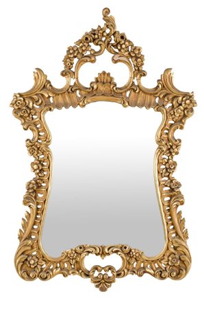 SPECCHIERA stile Luigi XV in legno intagliato traforato e dorato. Italia fine...