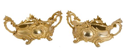 COPPIA CENTROTAVOLA in bronzo dorato con vaschette in ottone. Primi '900...