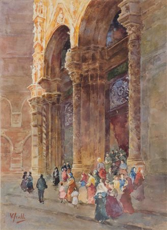 VINCENZO IROLLI (Napoli 1860 - 1949) ACQUARELLO su carta "dopo la messa"...