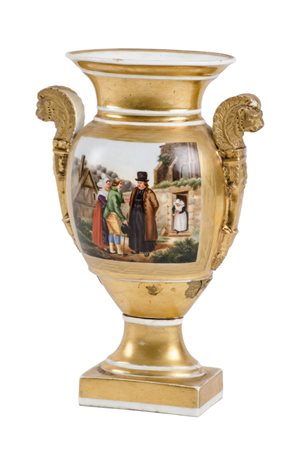 VASO Impero in porcellana dorata con medaglioni raffiguranti "paesaggio" e...