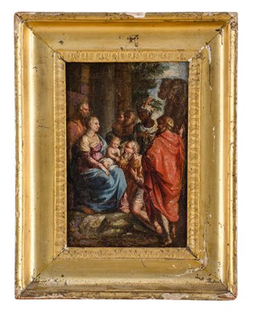 OLIO su tela "Sacra Famiglia e Re Magi" entro cornice a canna ciaccata....