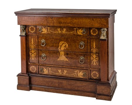 CASSETTONE stile Impero in radica di tuja a quattro cassetti con tarsie in...