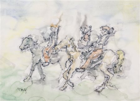 PIPPO MADE' (Palermo 1936) ACQUARELLO su carta "personaggi a cavallo",...