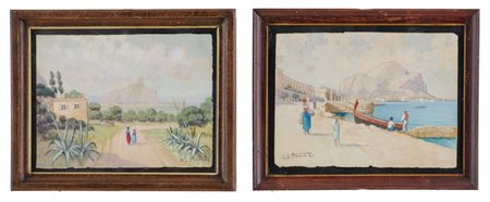 H. L. THOMAS DUE ACQUARELLI "foro italico a Palermo con personaggi" e...