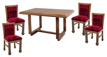 TAVOLO deco' con due prolunghi e quattro SEDIE in noce e radica di noce. Anni...