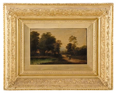 COPPIA OLI su tela "paesaggi con personaggi" entro belle cornici in legno...