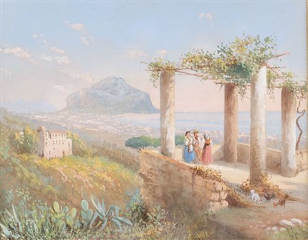 GUGLIELMO GIUSTI (Napoli 1824 - 1916) TEMPERA su carta "veduta di Palermo e...