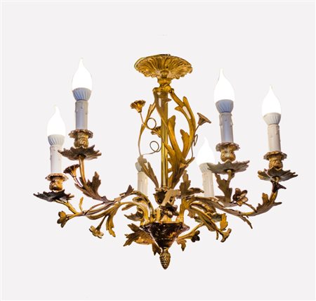 LAMPADARIO a sei luci in bronzo dorato. Italia primi '900 Misure: h cm 50
