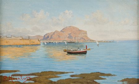 OLIO su masonite "veduta di Monte Pellegrino". XX secolo Misure: cm 29 x 19