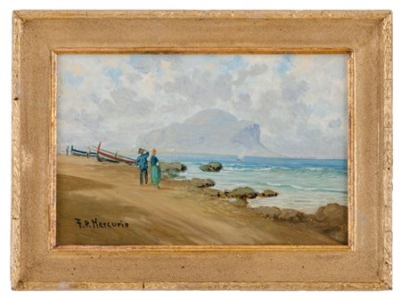 F. P. MERCURIO OLIO su tavoletta "veduta di Monte Pellegrino con personaggi"....