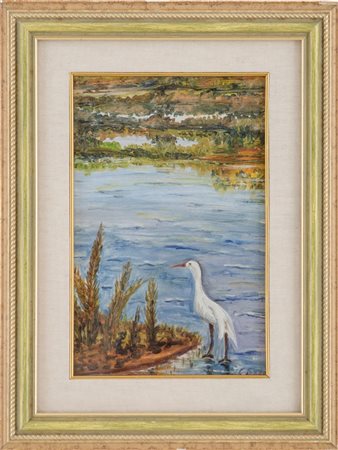 GINO BAGNARI (Ravenna 1907) OLIO su masonite "stagno con aironi". Misure: cm...