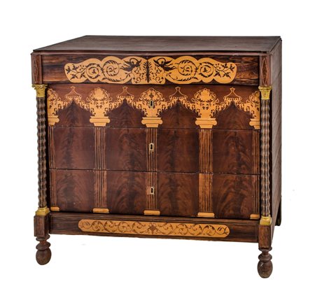 CASSETTONE Isabellino in piuma di mogano, palissandro e bosso. Spagna XIX...