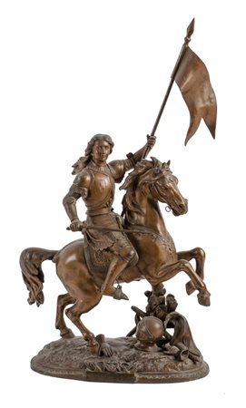 SCULTURA in antimonio raffigurante "Giovanna d'Arco a cavallo". Francia fine...