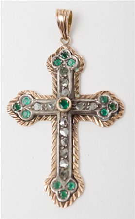 CROCE in oro basso titolo 14 Kt. ed argento 925 con diamantini, rose corone'...