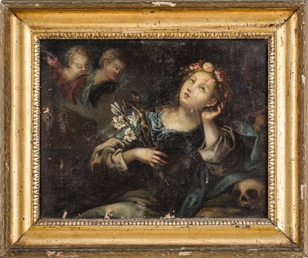 OLIO su tela "Santa Rosalia" entro cornice a canna ciaccata in legno dorato...