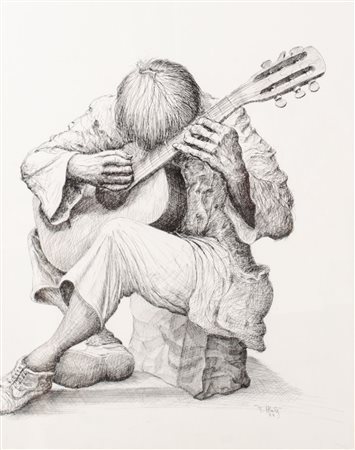 PIPPO MADE' (Palermo 1936) CHINA su carta "il suonatore di chitarra", firmato...