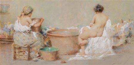 GIACOMO FAVRETTO (Venezia 1849 - 1887) RARO PASTELLO su carta "il bagno della...