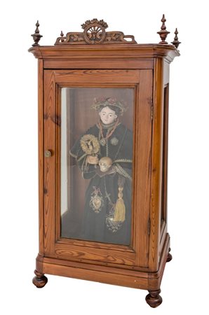 SCULTURA in legno raffigurante "Santa Rosalia" con ex voto in argento entro...