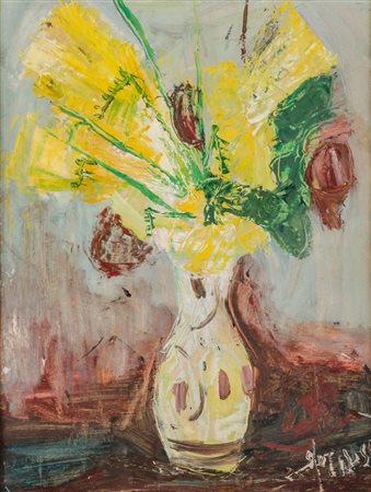 OLIO su cartoncino "vaso con fiori" firmato in basso a destra S. Terruso. XX...